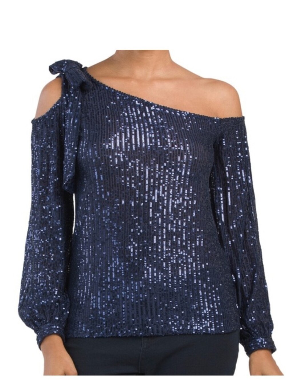 CeCe Women's Black Long Sleeve Sequin Bow Detail One-Shoulder Top